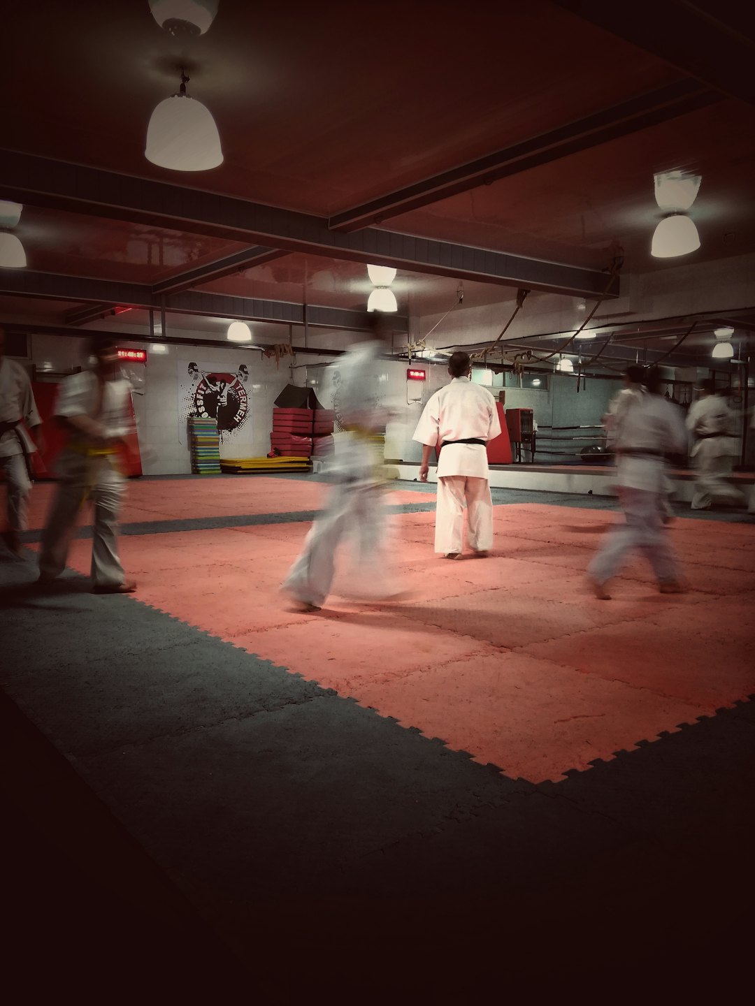 People practicing martial arts on mats in a dojo.